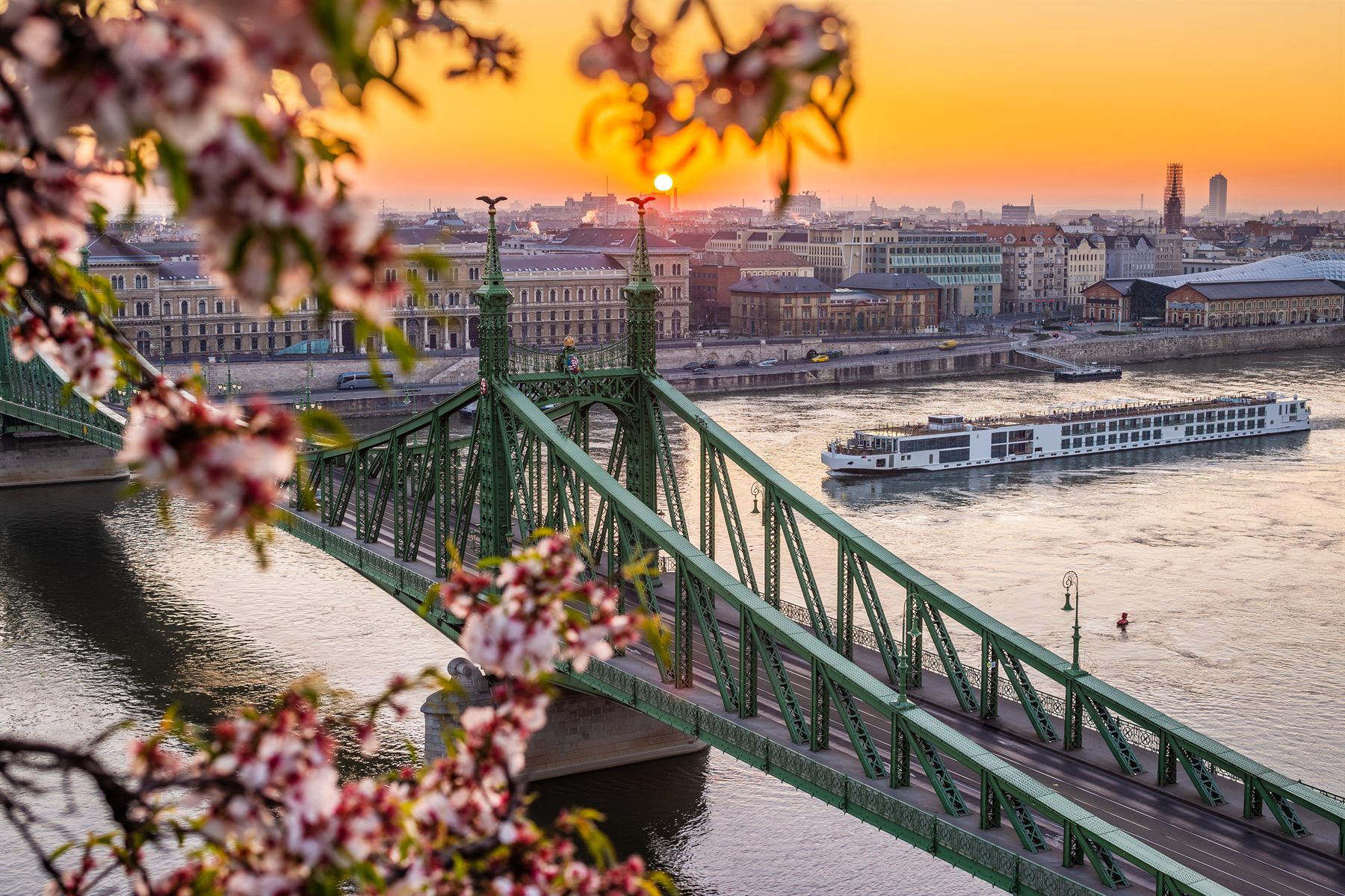 A river cruise ship on the Danube at Budapest in spring
