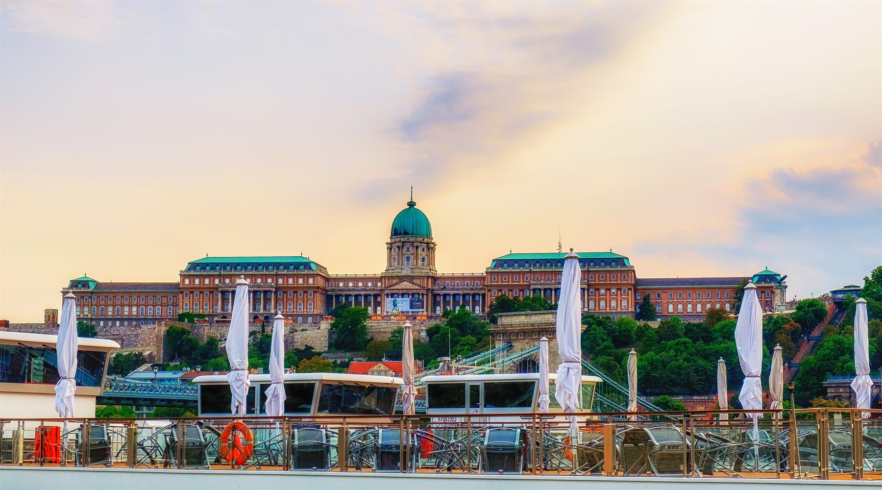 The sun deck of a river cruise ship on the Danube at Budapest